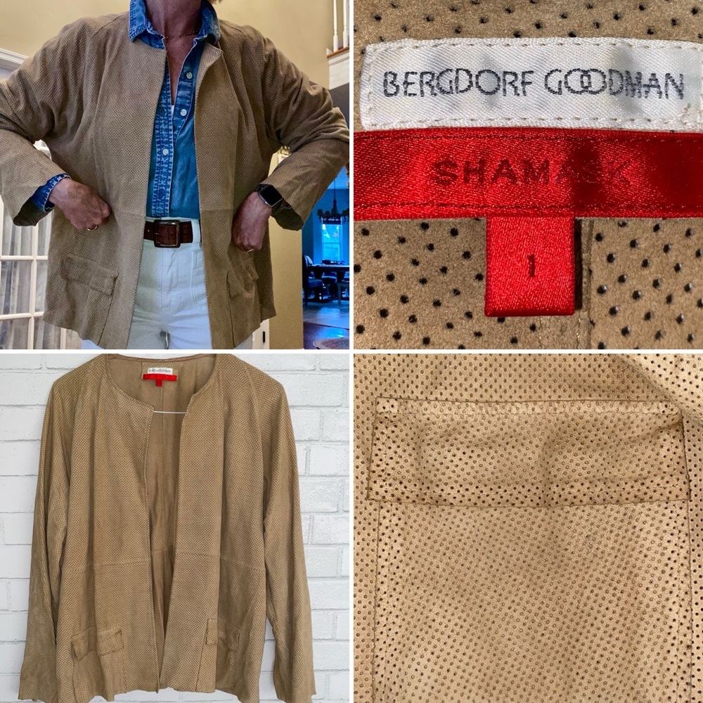 SHAMASK - BERGDORF GOODMAN Tan Suede Perforated Cardigan Blazer Sz 1 (6-8) EUC